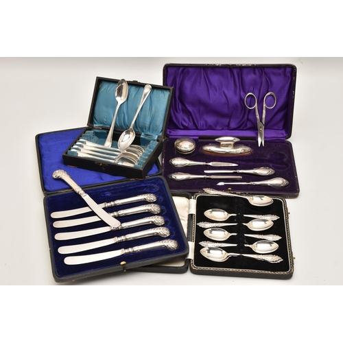 549 - AN ASSORTMENT OF CASED SILVER ITEMS, to include a cased silver travel manicure set, hallmarked 'W J ... 