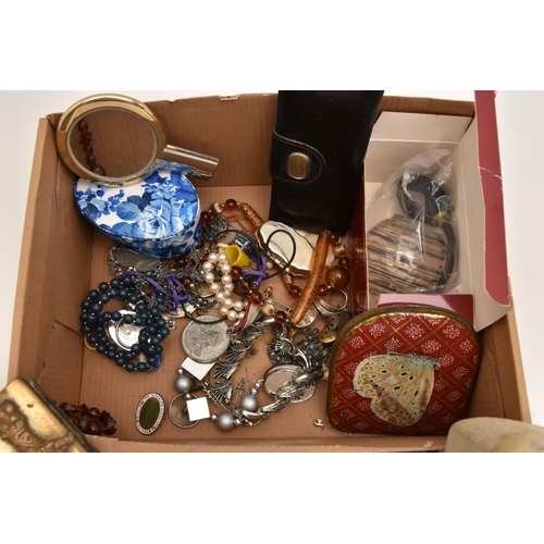 552 - A BOX OF ASSORTED ITEMS, to include a white metal hinged bangle, stamped 925 Italy, with a push butt... 