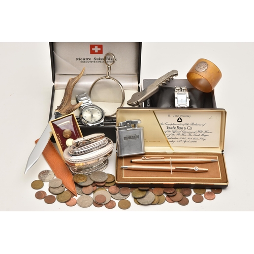 553 - A BOX OF ASSORTED ITEMS, to include a cased set of 'Cross' 14ct gold filled ball point pen and prope... 