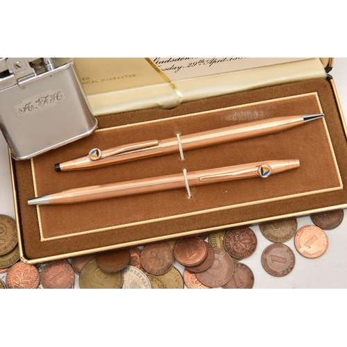 553 - A BOX OF ASSORTED ITEMS, to include a cased set of 'Cross' 14ct gold filled ball point pen and prope... 