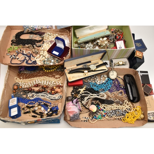 554 - A BOX OF ASSORTED COSTUME JEWELLERY, to include a selection of beaded necklaces, brooches, earrings,... 