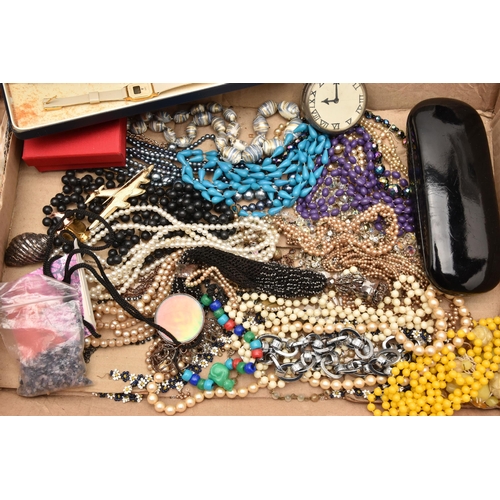 554 - A BOX OF ASSORTED COSTUME JEWELLERY, to include a selection of beaded necklaces, brooches, earrings,... 