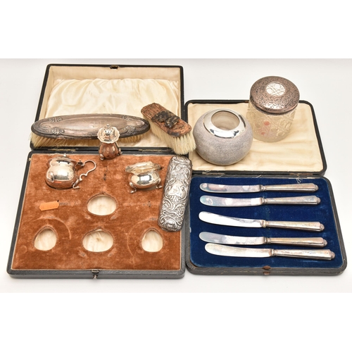 555 - A BOX OF ASSORTED SILVER ITEMS, to include a vanity cut glass jar with silver cover, hallmarked Birm... 