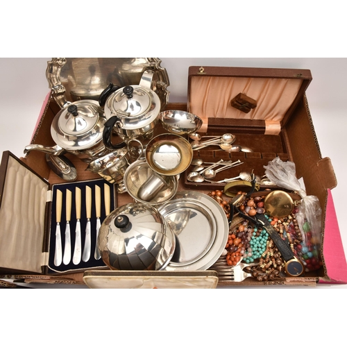 558 - A BOX OF ASSORTED ITEMS, to include EPNS teapot, coffee pot, sugar bowl, milk jug, salver, tray, box... 