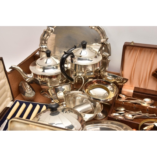 558 - A BOX OF ASSORTED ITEMS, to include EPNS teapot, coffee pot, sugar bowl, milk jug, salver, tray, box... 