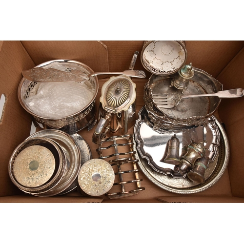 560 - A BOX OF ASSORTED WHITE METAL WARE, to include coasters, a large EPNS bowl with pierced rim, a flora... 