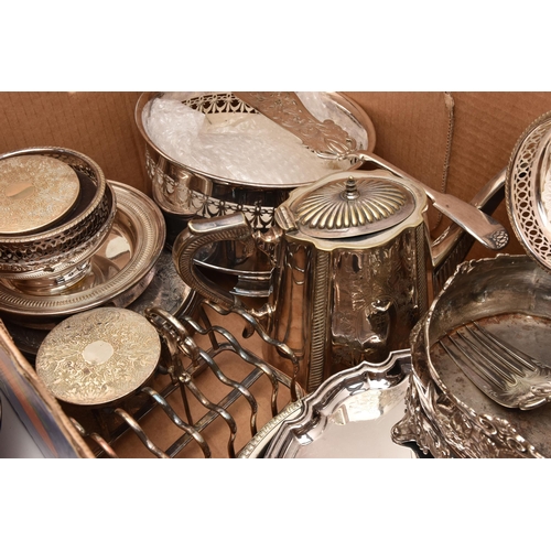 560 - A BOX OF ASSORTED WHITE METAL WARE, to include coasters, a large EPNS bowl with pierced rim, a flora... 