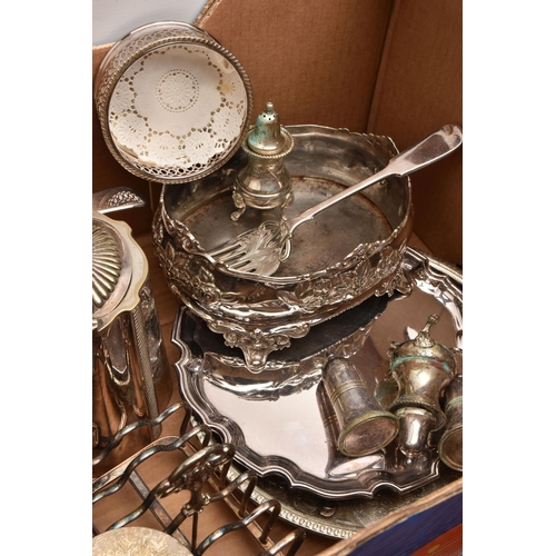 560 - A BOX OF ASSORTED WHITE METAL WARE, to include coasters, a large EPNS bowl with pierced rim, a flora... 