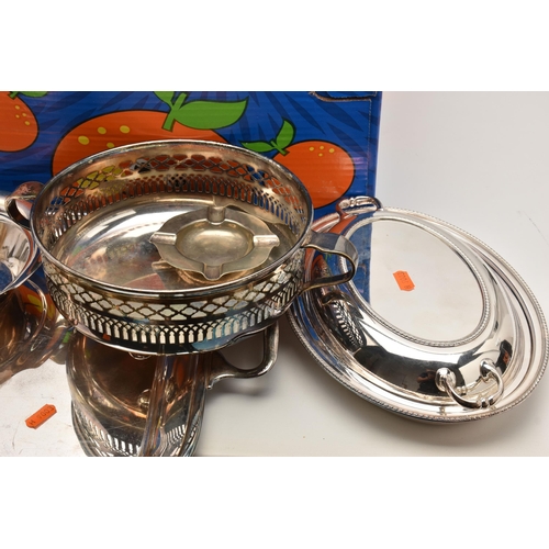 564 - A BOX OF ASSORTED WHITE METAL WARE, to include trays and salvers, entree dishes some with covers, co... 