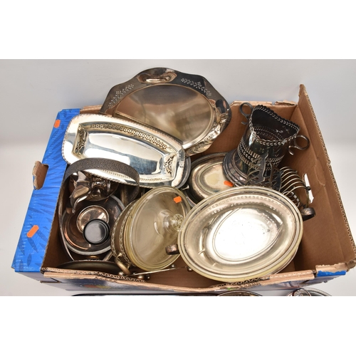 564 - A BOX OF ASSORTED WHITE METAL WARE, to include trays and salvers, entree dishes some with covers, co... 