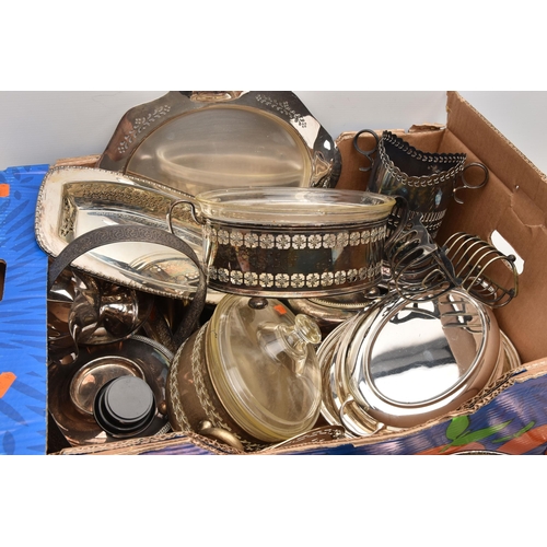 564 - A BOX OF ASSORTED WHITE METAL WARE, to include trays and salvers, entree dishes some with covers, co... 