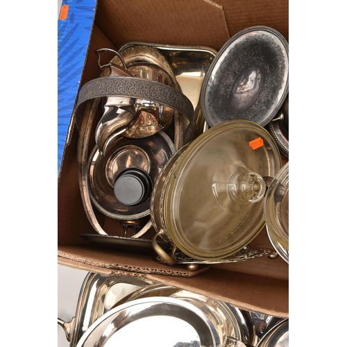 564 - A BOX OF ASSORTED WHITE METAL WARE, to include trays and salvers, entree dishes some with covers, co... 