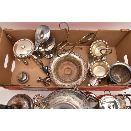 565 - A BOX OF ASSORTED WHITE METAL WARE, to include various teapots, coffee pot, water jug, coaster, egg ... 