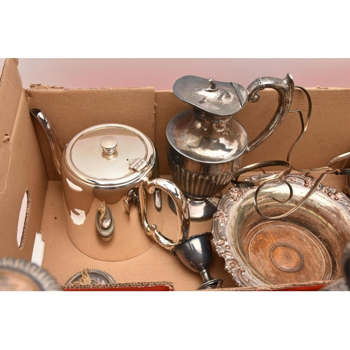 565 - A BOX OF ASSORTED WHITE METAL WARE, to include various teapots, coffee pot, water jug, coaster, egg ... 