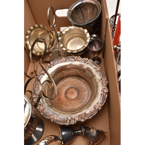 565 - A BOX OF ASSORTED WHITE METAL WARE, to include various teapots, coffee pot, water jug, coaster, egg ... 