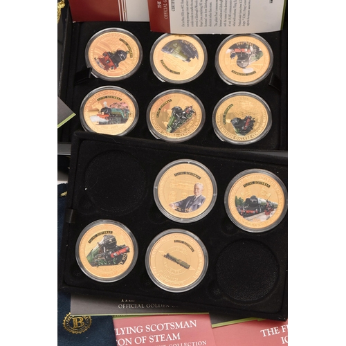 566 - A BOXED BRADFORD EXCHANGE LOCOMOTIVE COLLECTION OF GILDED COMMEMORATIVES, ten with certificates of A... 