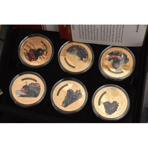 566 - A BOXED BRADFORD EXCHANGE LOCOMOTIVE COLLECTION OF GILDED COMMEMORATIVES, ten with certificates of A... 