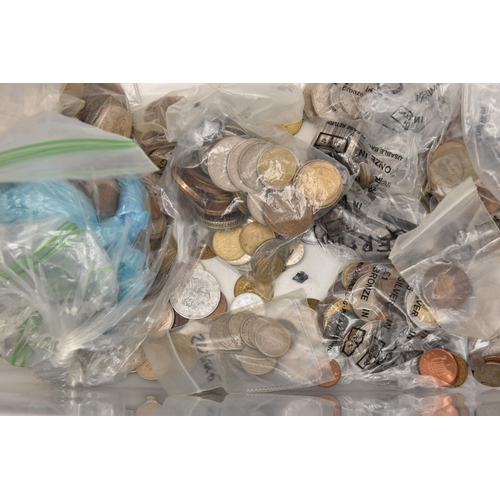 569 - A LARGE PLASTIC TUB OF WORLD COINS, to include an undated 20p coin minted in error, a small box cont... 