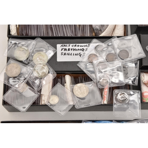 569 - A LARGE PLASTIC TUB OF WORLD COINS, to include an undated 20p coin minted in error, a small box cont... 