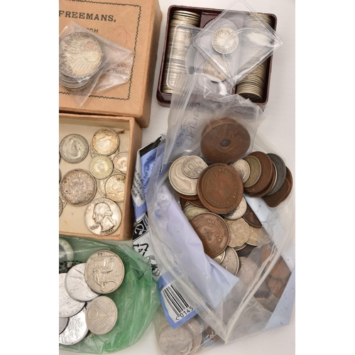 570 - A BOX LID OF MIXED COINS, to include Silver Threepence coins, Victoria-George VI, other Silver, an X... 