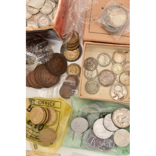 570 - A BOX LID OF MIXED COINS, to include Silver Threepence coins, Victoria-George VI, other Silver, an X... 