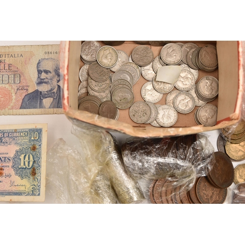 570 - A BOX LID OF MIXED COINS, to include Silver Threepence coins, Victoria-George VI, other Silver, an X... 