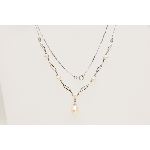 579 - A CULTURED PEARL NECKLACE, six cultured pearls set in a white metal festoon style necklace, suspende... 