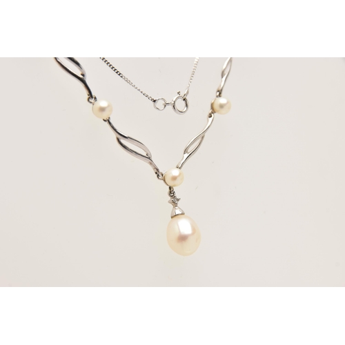 579 - A CULTURED PEARL NECKLACE, six cultured pearls set in a white metal festoon style necklace, suspende... 