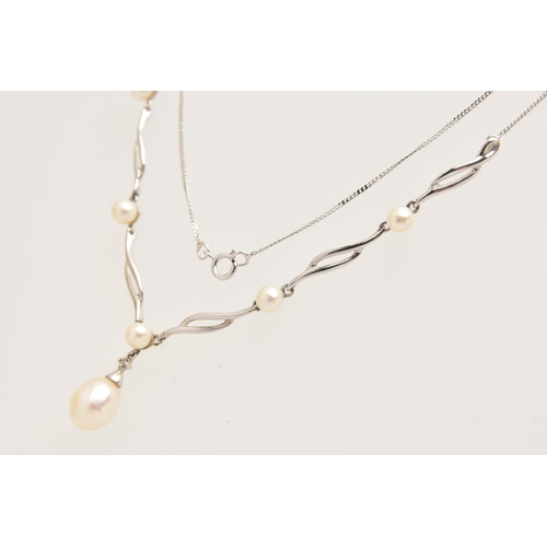 579 - A CULTURED PEARL NECKLACE, six cultured pearls set in a white metal festoon style necklace, suspende... 