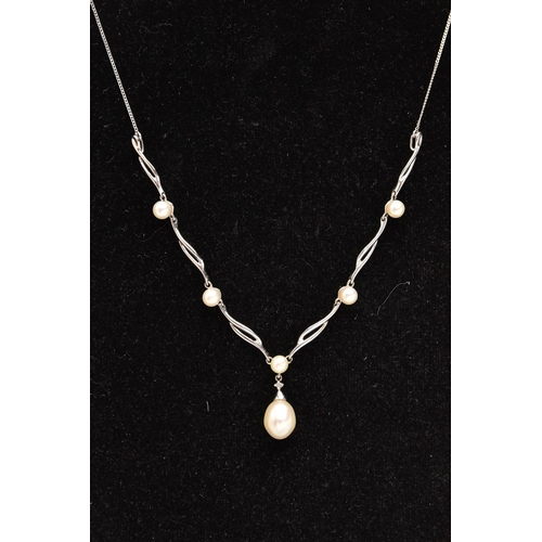 579 - A CULTURED PEARL NECKLACE, six cultured pearls set in a white metal festoon style necklace, suspende... 