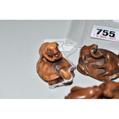 755 - EIGHT WOODEN NETSUKE, in the forms of various creatures, comprising a piglet riding a tortoise, a du... 