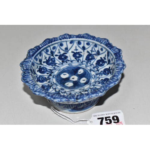 759 - A CHINESE BLUE AND WHITE ALTAR STEM DISH, bearing red wax seal to base, diameter 11cm x height 4.5cm... 