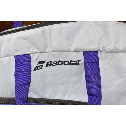 766 - A BABOLAT 'WIMBLEDON' TENNIS CHAMPIONSHIP SPORTS DUFFLE BAG, white and purple, can hold up to six te... 