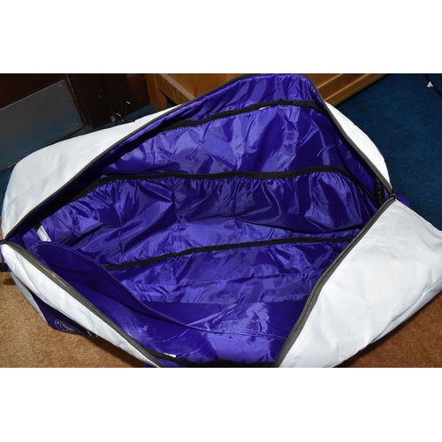 766 - A BABOLAT 'WIMBLEDON' TENNIS CHAMPIONSHIP SPORTS DUFFLE BAG, white and purple, can hold up to six te... 