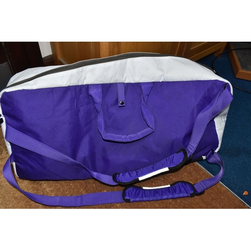 766 - A BABOLAT 'WIMBLEDON' TENNIS CHAMPIONSHIP SPORTS DUFFLE BAG, white and purple, can hold up to six te... 