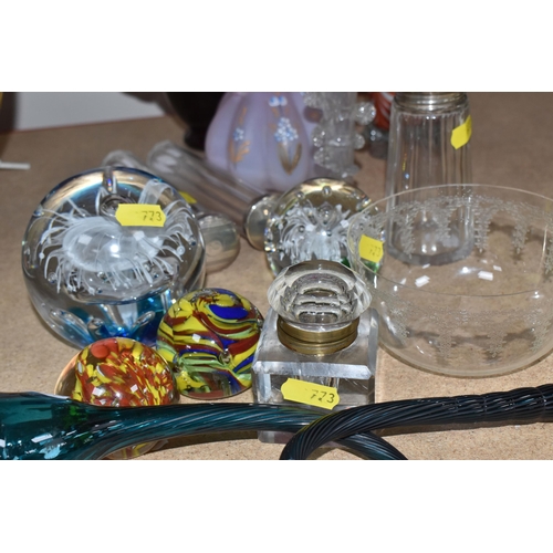 773 - A GROUP OF COLOURED GLASSWARE, comprising a turquoise twisted glass trumpet/funnel, a clear cut crys... 