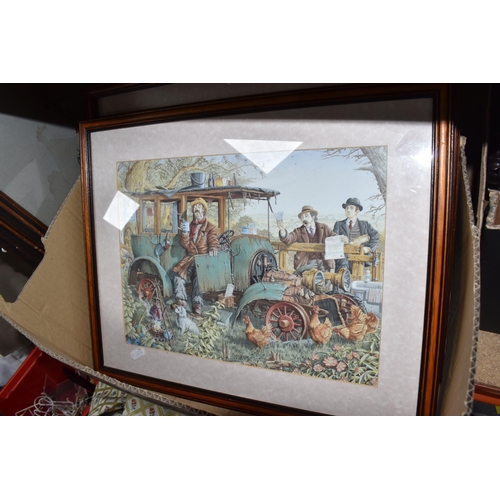 776 - ONE BOX AND LOOSE PICTURES AND ORNAMENTS, to include four framed prints of steam trains, titled Brit... 