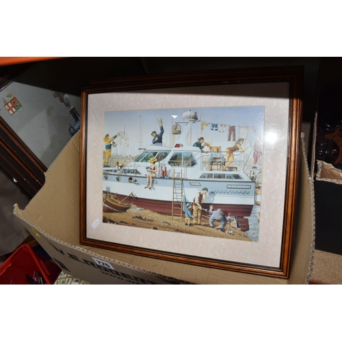 776 - ONE BOX AND LOOSE PICTURES AND ORNAMENTS, to include four framed prints of steam trains, titled Brit... 