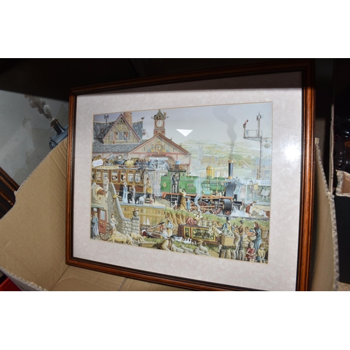 776 - ONE BOX AND LOOSE PICTURES AND ORNAMENTS, to include four framed prints of steam trains, titled Brit... 