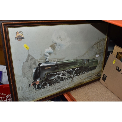 776 - ONE BOX AND LOOSE PICTURES AND ORNAMENTS, to include four framed prints of steam trains, titled Brit... 