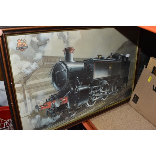 776 - ONE BOX AND LOOSE PICTURES AND ORNAMENTS, to include four framed prints of steam trains, titled Brit... 