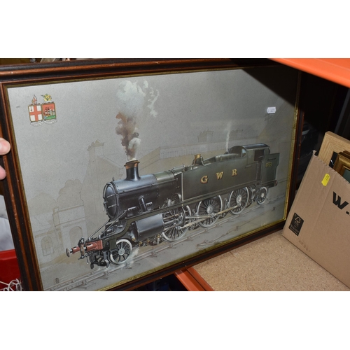 776 - ONE BOX AND LOOSE PICTURES AND ORNAMENTS, to include four framed prints of steam trains, titled Brit... 