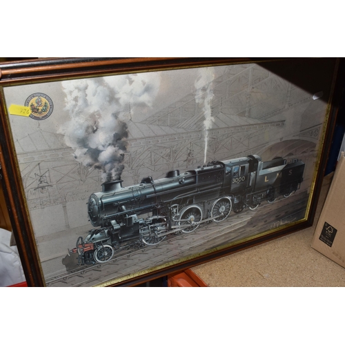 776 - ONE BOX AND LOOSE PICTURES AND ORNAMENTS, to include four framed prints of steam trains, titled Brit... 