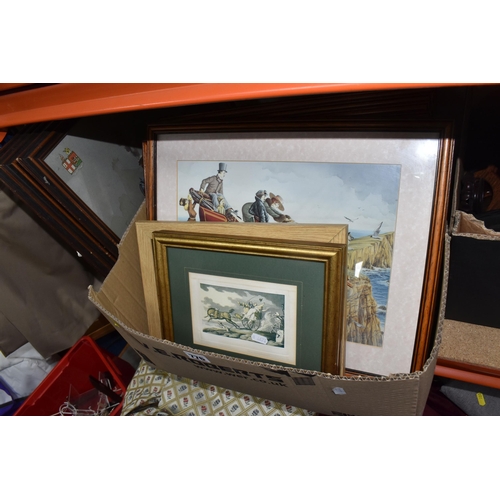 776 - ONE BOX AND LOOSE PICTURES AND ORNAMENTS, to include four framed prints of steam trains, titled Brit... 