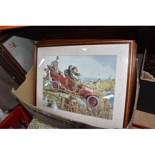 776 - ONE BOX AND LOOSE PICTURES AND ORNAMENTS, to include four framed prints of steam trains, titled Brit... 