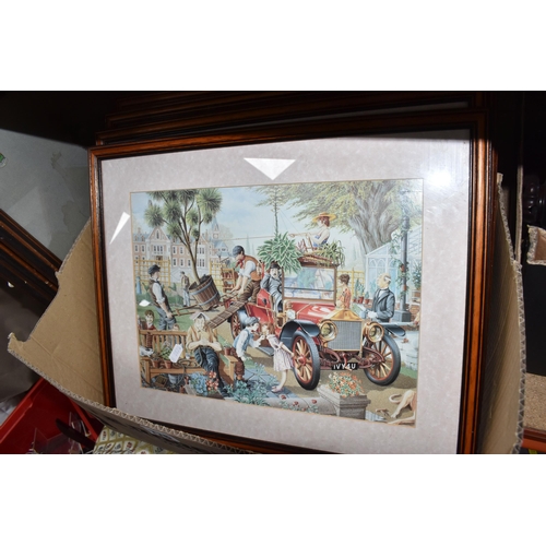 776 - ONE BOX AND LOOSE PICTURES AND ORNAMENTS, to include four framed prints of steam trains, titled Brit... 