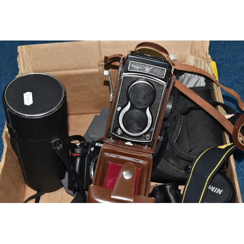 778 - ONE BOX OF CAMERAS AND PHOTOGRAPHIC EQUIPMENT, to include a Fujifilm FinePix S6500 camera, a Nikon F... 