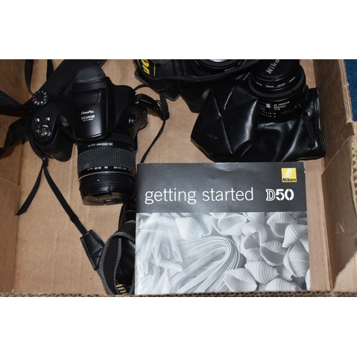 778 - ONE BOX OF CAMERAS AND PHOTOGRAPHIC EQUIPMENT, to include a Fujifilm FinePix S6500 camera, a Nikon F... 