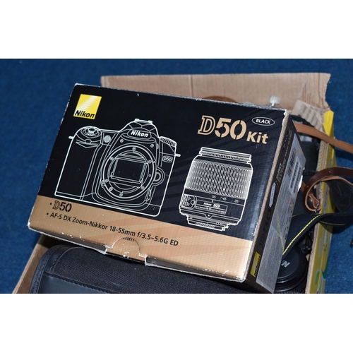 778 - ONE BOX OF CAMERAS AND PHOTOGRAPHIC EQUIPMENT, to include a Fujifilm FinePix S6500 camera, a Nikon F... 