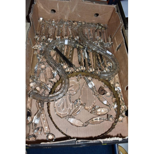 779 - TWO BOXES OF CRYSTAL CHANDELIER ARMS AND DROPLETS, to include a quantity of Victorian gas light fitt... 